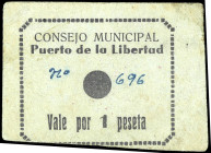 Puerto de la Libertad (Puerto del Rey) (Toledo). Consejo Municipal. 1 peseta. (KG. falta) (RGH. 4381). Cartón. Descentrado. Muy raro. MBC-.