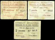 Servilleja de la Jara (Toledo). Consejo Municipal. 25 céntimos, 1 y 2 pesetas. (KG. 700 y faltan) (RGH. 4849, 4851 y 4852). 3 billetes. Raros. BC/MBC-...