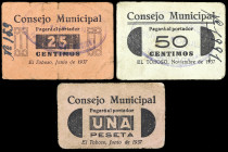 El Toboso (Toledo). Consejo Municipal. 25, 50 céntimos y 1 peseta. (KG. 729 y 729a) (RGH. 5020, 5021 y falta). 3 cartones. Raros. BC/MBC+.
