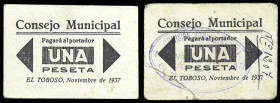 El Toboso (Toledo). Consejo Municipal. 1 peseta (dos). (KG. 729a) (RGH. 5024 y 5024 var). 2 cartones, con y sin tampón ni numeración. Raros. MBC-/MBC+...