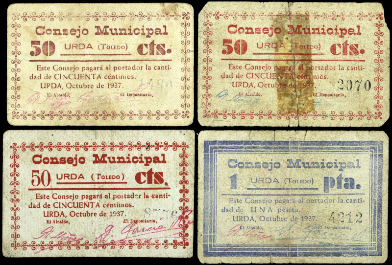 Urda (Toledo). Consejo Municipal. 50 céntimos (tres) y 1 peseta. (KG. 756 y falt...