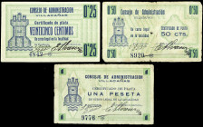 Villacañas (Toledo). Consejo de Administración. 25, 50 céntimos y 1 peseta. (KG. 784) (RGH. 5502 a 5504). 3 billetes, todos los de la localidad. Escas...