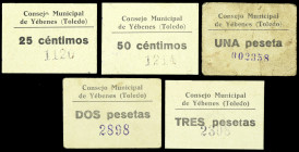 Yébenes (Toledo). Consejo Municipal. 25, 50 céntimos, 1, 2 y 3 pesetas. (KG. 832) (RGH. 5797, 5798 a 5800, los 3 sin imagen y 5801). 5 cartones, todos...