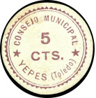 Yepes (Toledo). Consejo Municipal. 5 céntimos. (Inédito). Cartón redondo. Muy raro y más así. EBC-.