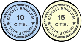 Yepes (Toledo). Consejo Municipal. 10 y 15 céntimos. (KG. 835) (RGH. 5823 y 5824). 2 cartones redondos. Raros y más así. EBC.