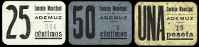 Ademuz (Valencia). Consejo Municipal. 25, 50 céntimos y 1 peseta. (T. 3, 4 y 5, mismo ejemplar) (KG. 7) (RGH. 39, 40, sin imagen y 41). 3 cartones, se...