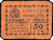 Adzaneta de Albaida (Valencia). Consejo Municipal. 50 céntimos. (T. 13) (KG. falta) (RGH. 62). Cartón. El nombre de la población ligeramente realzado....