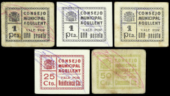 Agullent (Valencia). Consejo Municipal. 25, 50 céntimos y 1 peseta (tres). (T. 25, 25a, 25b, 26a y 27) (KG. 16) (RGH. 96 a 98 y 98 var). 5 cartones, t...