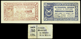 Albalat de la Ribera (Valencia). 25, 50 céntimos y 1 peseta. (T. 35, mismo ejemplar, 37 y 38) (KG. 25 y falta) (RGH. 152, mismo ejemplar). 2 billetes ...