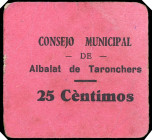 Albalat de Taronchers (Valencia). Consejo Municipal. 25 céntimos. (T. 43, mismo ejemplar) (KG. 26) (RGH. 156). Cartón. Rarísimo. MBC.