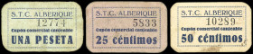 Alberique (Valencia). S. T. C. Sindicato de Trabajadores del Campo. 25, 50 céntimos y 1 peseta. (T. 47a, 48a y 49a) (KG. 34) (RGH. 218 a 220). 3 carto...