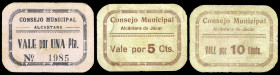 Alcántara de Júcar (Valencia). Consejo Municipal. 5, 10 céntimos y 1 peseta. (T. 67, 70, mismo ejemplar y 71) (KG. 46 y falta) (RGH. 292, 293, sin ima...