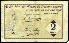 Alcudia de Crespins (Valencia). Consejo Municipal. 2 pesetas. (T. 106) (KG. falta) (RGH. 408 a 410). Nº 172. Raro. BC.