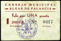 Algar de Palancia (Valencia). Consejo Municipal. 1 peseta. (T. 138, mismo ejemplar) (KG. 69) (RGH. 471). Rarísimo. MBC-.