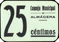 Almácera (Valencia). Consejo Municipal. 25 céntimos. (T. 170) (KG. falta) (RGH. 527). Cartón. Muy raro y más así. EBC.