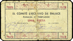 Almusafes (Valencia). El Comité Ejecutivo de Enlace. 1 peseta. (T. 191, mismo ejemplar) (KG. falta) (RGH. 638). Rarísimo. BC.