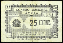Ayora (Valencia). Consejo Municipal. 25 céntimos. (T. 239a) (KG. 114) (RGH. 815). Muy raro. BC+.