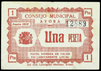Ayora (Valencia). Consejo Municipal. 1 peseta. (T. 237, mismo ejemplar) (KG. 114) (RGH. 815). Muy raro. MBC-.