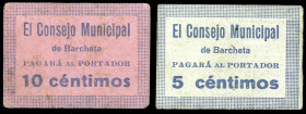Barcheta (Valencia). Consejo Municipal. 5 y 10 céntimos. (T. 254 y 255) (KG. A127, sólo menciona el valor de los 25 céntimos) (RGH. 890 y 891). 2 cart...