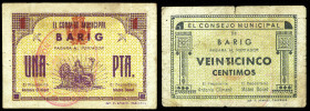 Barig (Valencia). Consejo Municipal. 25 céntimos y 1 peseta. (T. 256 y 257) (KG. 128 y falta) (RGH. 892 y 893). 2 billetes, todos los de la localidad....