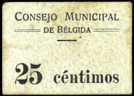 Bélgida (Valencia). Consejo Municipal. 25 céntimos. (T. 264) (KG. falta) (RGH. 954). Cartón. Muy raro. MBC-.