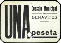 Benavites (Valencia). Consejo Municipal. 1 peseta. (T. 272a) (KG. 151) (RGH. 1025). Cartón. Perforación para anularlo. Raro. MBC+.
