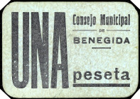 Benegida (Valencia). Consejo Municipal. 1 peseta. (T. 276) (KG. falta) (RGH. 1029). Cartón. Muy raro. MBC+.