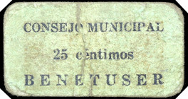 Benetuser (Valencia). Consejo Municipal. 25 céntimos. (KG. falta) (T. 296) (RGH. 1045). Cartón rectangular. Muy raro. BC+.