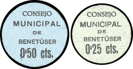 Benetuser (Valencia). Consejo Municipal. 25 y 50 céntimos. (KG. 154) (T. 298 y 299) (RGH. 1048 y 1049). 2 cartones redondos. Muy raros y más así. EBC+...