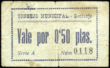 Beniarjó (Valencia). Consejo Municipal. 50 céntimos. (T. 313, mismo ejemplar) (KG. 157) (RGH. 1064). Nº 0118. Rarísimo. BC.