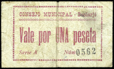 Beniarjó (Valencia). Consejo Municipal. 1 peseta. (T. 312) (KG. 157) (RGH. 1063). Rarísimo. BC.