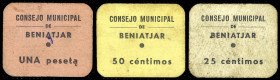 Beniatjar (Valencia). Consejo Municipal. 25, 50 céntimos y 1 peseta. (T. 317, 318, mismo ejemplar y 319) (KG. 159 y falta) (RGH. 1069, sin imagen , 10...