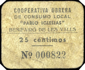 Benifairó de les Valls (Valencia). Cooperativa Obrera de Consumo Local "Pablo Iglesias". 25 céntimos. (T. 343) (KG. falta) (RGH. 1101, sin imagen). Ca...