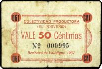Benifairó de Valldigna (Valencia). Colectividad Productora "El Porvenir" U.G.T.-C.N.T. 50 céntimos. (T. 345, mismo ejemplar) (KG. 164) (RGH. 1104). Ra...