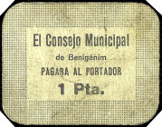 Benigánim (Valencia). Consejo Municipal. 1 peseta. (T. 355, mismo ejemplar) (KG. 168) (RGH. 1120). Cartón. Muy raro. MBC-.