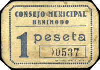 Benimodo (Valencia). Consejo Municipal. 1 peseta. (T. 370, mismo ejemplar) (KG. falta) (RGH. 1140). Cartón. Muy raro. MBC-.