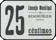 Benimuslem (Valencia). Consejo Municipal. 25 céntimos. (T. 375) (KG. falta) (RGH. 1144, sin imagen). Cartón. Muy raro. MBC+.