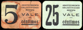 Beniopa (Valencia). Abastecimiento Colectivizado. 5 y 25 céntimos. (T. 378 y 379) (KG. falta) (RGH. 1147 y 1148). 2 cartones. Muy raros. BC/MBC+.