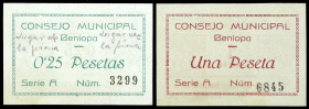 Beniopa (Valencia). Consejo Municipal. 25 céntimos y 1 peseta. (Inéditos). 2 billetes o pruebas de imprenta (el de 25 céntimos está escrito a mano en ...