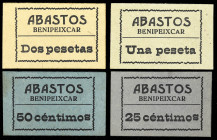 Benipeixcar (Valencia). Abastos. C.N.T.-U.G.T. 25, 50 céntimos, 1 y 2 pesetas. (T. 380a, 381a, 382a y 383a) (KG. 173) (RGH. 1150 a 1153). 4 cartones, ...
