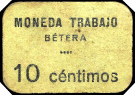 Bétera (Valencia). Moneda Trabajo. Comité Ejecutivo Popular. 10 céntimos. (T. 401) (KG. falta) (RGH. 1195). Cartón. Muy raro. MBC.