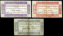Bétera (Valencia). Consejo Municipal. 25 céntimos, 1 y 2 pesetas. (T. 403, 404 y 406) (KG. 179) (RGH. 1199, 1201 y 1202). 3 billetes. Raros. BC/MBC+....