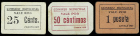 Canals (Valencia). Consejo Municipal. 25, 50 céntimos y 1 peseta. (T. 497, 499, mismo ejemplar y 508) (KG. 228a y 228b) (RGH. 1518, 1531 y 1532, los d...
