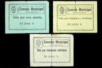 Carcagente (Valencia). Consejo Municipal. 25, 50 céntimos y 1 peseta. (T. 527 a 529) (KG. falta) (RGH. 1630 a 1632). 3 billetes, serie completa. Muy r...