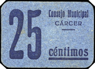 Cárcer (Valencia). Consejo Municipal. 25 céntimos. (T. 534) (KG. 242) (RGH. 1644). Cartón. Muy raro. EBC.
