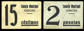 Cárcer (Valencia). Consejo Municipal. 15 céntimos y 2 pesetas. (T. 536 y 538, mismo ejemplar) (KG. 242) (RGH. 1641 y 1646). 2 cartones. Muy raros. MBC...