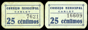 Carlet (Valencia). Consejo Municipal. 25 céntimos (dos). (T. 542 y 542 var) (KG. 245) (RGH. 1661 y 1661 var). 2 cartones, diferente orla del reverso. ...
