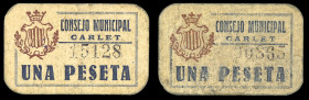 Carlet (Valencia). Consejo Municipal. 1 peseta (dos). (T. 540 y 540 var) (KG. 245) (RGH. 1663 y 1663 var). 2 cartones, diferente orla del reverso. Rar...