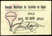 Castellón de Rugat (Valencia). Consejo Municipal. 25 céntimos. (T. 566) (KG. falta) (RGH. 1785). Cartón. Muy raro. MBC.