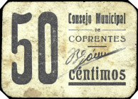 Cofrentes (Valencia). Consejo Municipal. 50 céntimos. (T. 601, mismo ejemplar) (KG. falta) (RGH. 1997). Cartón. Muy raro. MBC-.